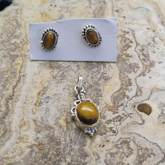 Sterling Silver Tiger's Eye Stud Earrings & Pendant Set Boho Dainty - Picture 2 of 8